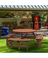 Slickblue 8-Person Outdoor Circular Wooden Picnic Table with 4 Built-In Benches for Patio, Backyard, and Garden