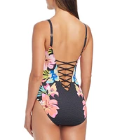 Bleu by Rod Beattie Women's Sweet Escape Floral-Print Lace-Down One-Piece Swimsuit