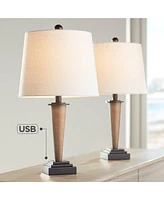 360 Lighting Fernbank 23 1/2" High Small Farmhouse Rustic Accent Table Lamps Set of 2 Usb Port Brown Bronze Finish Metal White Shade Living Room Charg