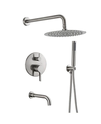 Mondawe Brush Nickel Three function Pressure Balance Shower Set with 10 in Round Shower Head & Valve