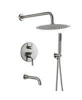 Mondawe Brush Nickel Three function Pressure Balance Shower Set with 10 in Round Shower Head & Valve