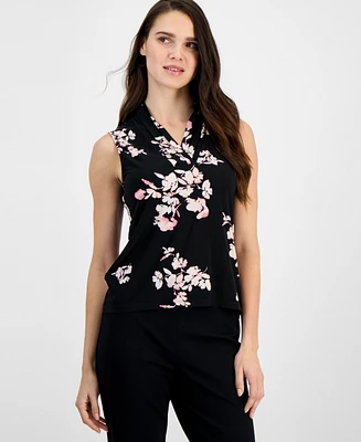 Anne Klein Women's Pleated-Neck Printed Sleeveless Top
