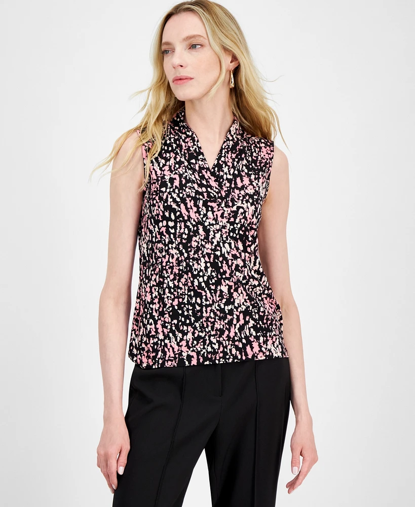 Anne Klein Women's Pleated-Neck Printed Sleeveless Top