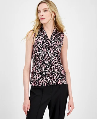 Anne Klein Women's Pleated-Neck Printed Sleeveless Top