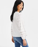 Style & Co Women's Eyelet Embroidered Blouson-Sleeve Blouse, Exclusively at Macy's