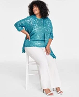 Anne Klein Plus Size Sequin Open Front Cardigan Sequin Mesh Trim Short Sleeve Top Compression Pull On Wide Leg Trousers