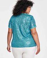 Anne Klein Plus Sequined Mesh-Trim Short-Sleeve Top