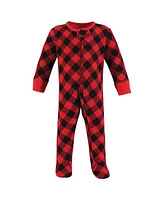 Hudson Baby Girls Thermal Zipper Sleep and Play 2pk, Buffalo Plaid Leopard, 0-3 Months