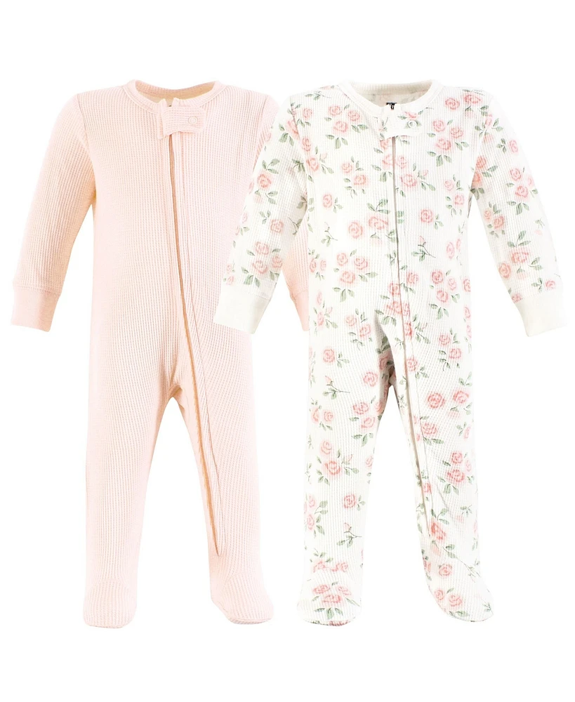 Hudson Baby Girls Thermal Zipper Sleep and Play 2pk, Soft Pink Sage Rose, 0-3 Months