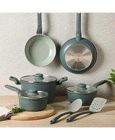 Gibson Home Barnsdall 10 Piece Premium Pfa Free Ceramic Nonstick Aluminum Cookware Set W/ Kitchen Tools - Sage Green