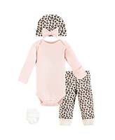 Hudson Baby Baby Girls Thermal Preemie Layette Set 4pc Long Sleeve Outfit, Leopard, Preemie