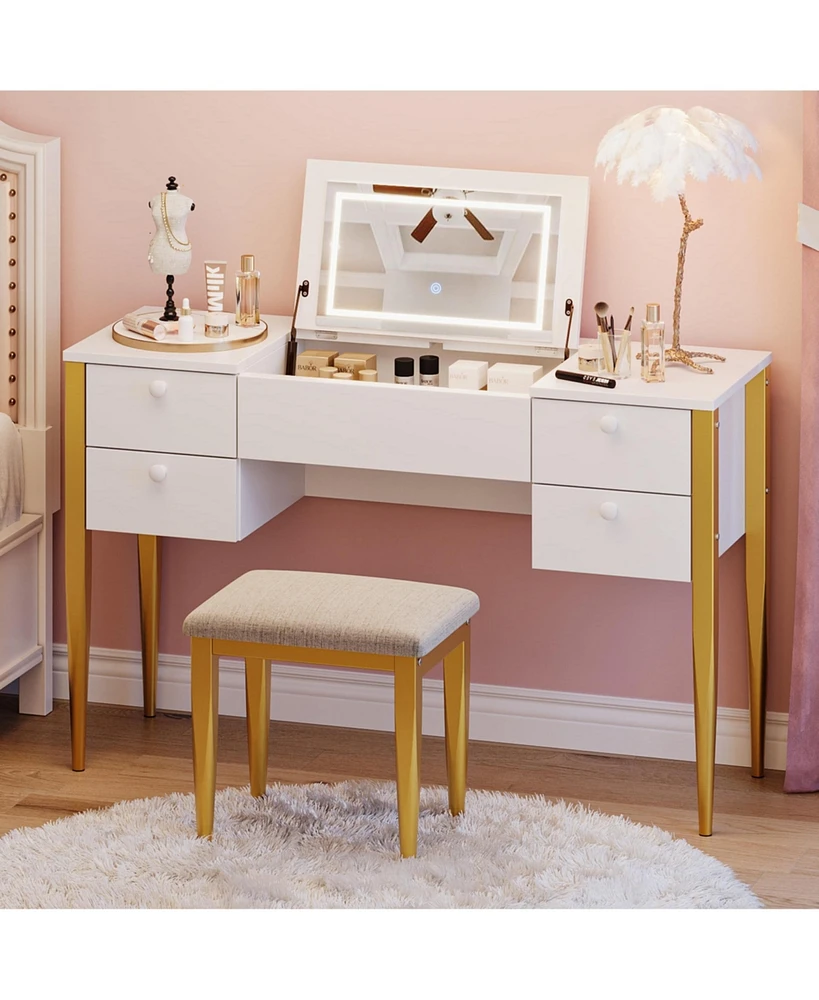 gaomon Makeup Vanity Desk with Flip Top Mirror and Lights, 47“ 3 in 1 Vanity Table with 5 Drawers