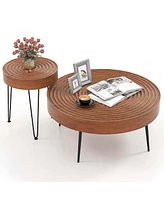 Costway Farmhouse Round CoffeeTable Set of 2 End Table Natural Finish for Living Room