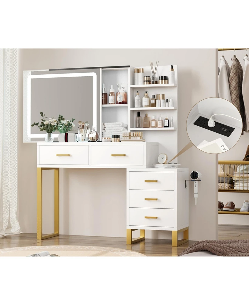 gaomon Vanity Desk with Mirror, Makeup Vanity Desk Charging Station,Led Light with 3 Lighting Modes