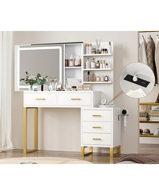 gaomon Vanity Desk with Mirror, Makeup Vanity Desk Charging Station,Led Light with 3 Lighting Modes