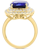 Effy Cushion-Cut Lab Grown Blue Sapphire (6-5/8 ct. t.w.) & Lab Grown Diamond (1-1/10 ct. t.w.) Double Halo Ring in 14k Yellow Gold