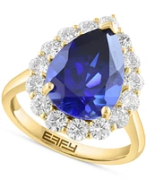 Effy Pear-Shape Lab Grown Blue Sapphire (5-3/4 ct. t.w.) & Lab Grown Diamond (1-1/3 ct. t.w.) Halo Ring in 14k Yellow Gold