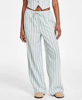 Hippie Rose Juniors' Striped Wide-Leg Drawstring Linen-Blend Pants