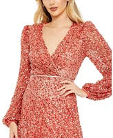 Mac Duggal Women's Sequined Puff Sleeve Wrap Over A Line Dress