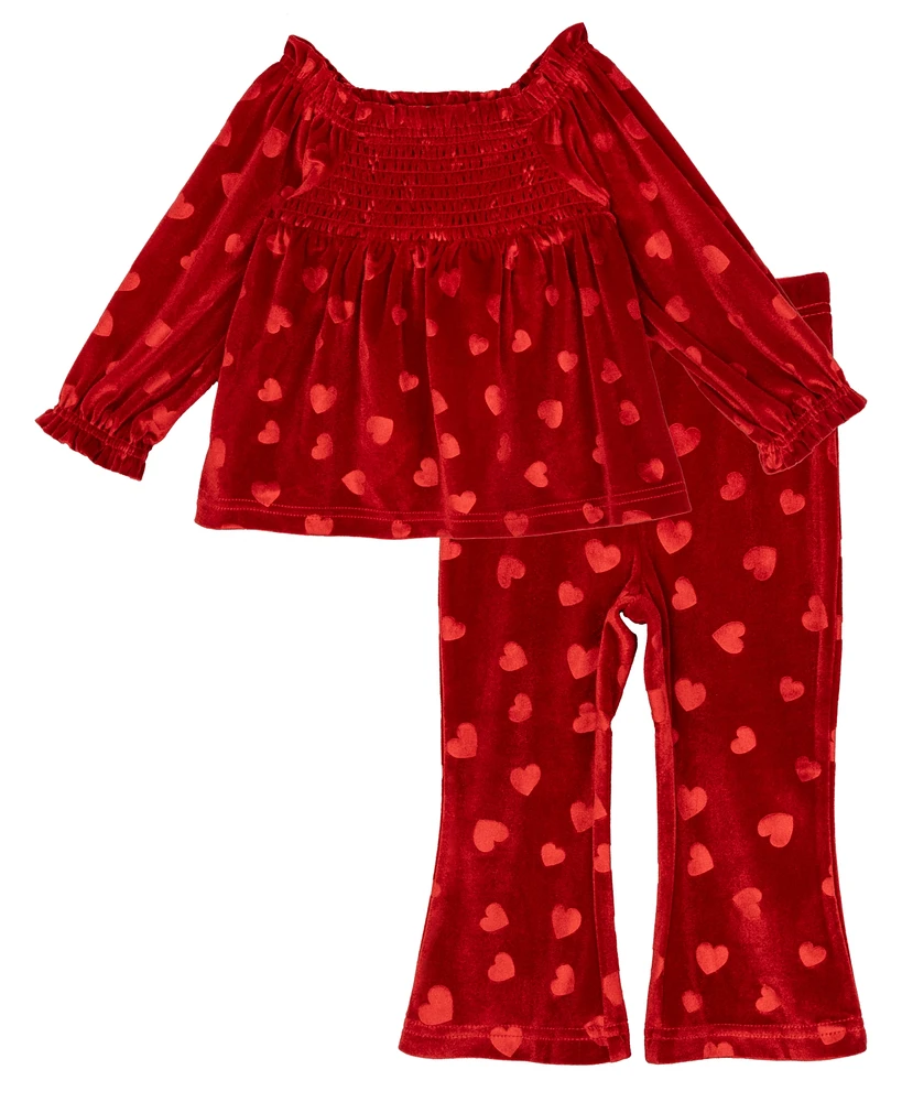 Rare Editions Baby Girl Heart Embossed Velvet Top And Pant, 2-Piece Set