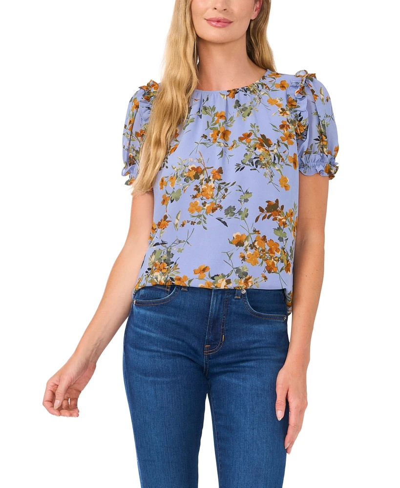 CeCe Women's Short Sleeve Round Neck Floral Blouse