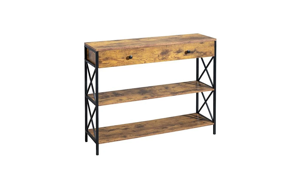 Slickblue 3-Tier Console Table for Entryway with Drawer and 2 Open Storage Shelves, Industrial Sofa Table with Sturdy X Design for Living Room