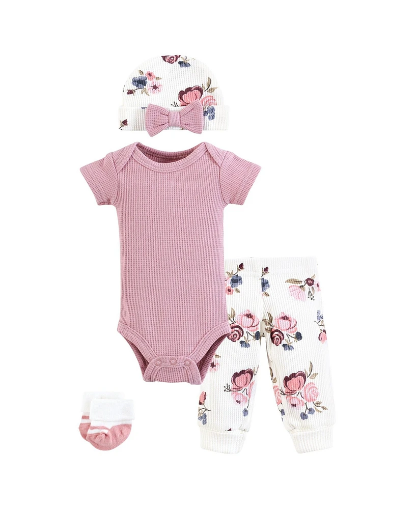 Hudson Baby Baby Girls Thermal Preemie Layette Set 4pc Short Sleeve Outfit, Dusty Rose Floral, Preemie