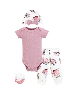 Hudson Baby Baby Girls Thermal Preemie Layette Set 4pc Short Sleeve Outfit, Dusty Rose Floral, Preemie