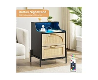 gaomon Rattan Nightstand, Nightstand with Charging Station with and Led Lights, Bedside Table with Usb Ports and Outlets, Rattan Drawer, Black Nightst