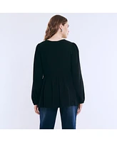 Women's Long Sleeve Empire Waist Keyhole Woven Blouse