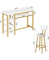 gaomon Bar Table and Stools for 2 with 3 Storage Shelves, Modern White Faux Marble Table with 2 Pu Cushion Bar Stools