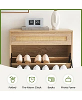 gaomon Natural Rattan Shoe Cabinet, 2 Flip Door Shoe Rack with a Drawer, Modern Freestanding Shoe Organizer