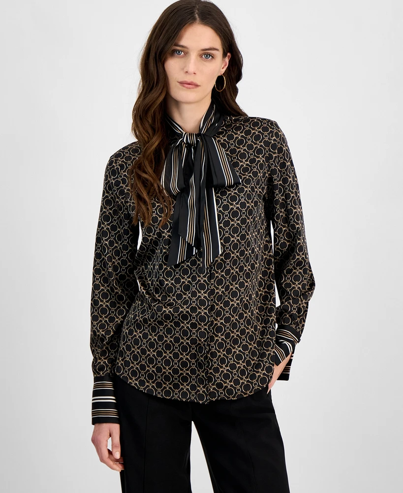 Anne Klein Women's Mandarin-Collar Chain-Print Blouse