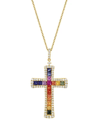 Effy Multi-Sapphire (1-3/4 ct. t.w.) & Diamond (5/8 ct. t.w.) Cross Pendant Necklace in 14k Gold, 18" + 1" extender