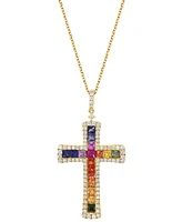 Effy Multi-Sapphire (1-3/4 ct. t.w.) & Diamond (5/8 ct. t.w.) Cross Pendant Necklace in 14k Gold, 18" + 1" extender