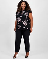 Anne Klein Plus Floral-Print Ruffle-Sleeve Blouse