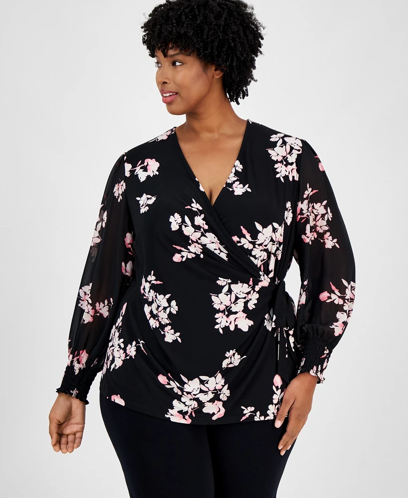 Anne Klein Plus Floral-Print Smocked-Cuff Wrap Top