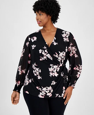 Anne Klein Plus Floral-Print Smocked-Cuff Wrap Top