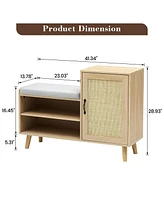 gaomon Natural Rattan Shoe Storage Bench with Upholstered,2-in-1 Shoe Cabinets with Adjustable Shelf