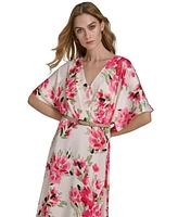 Halston Women's Satin Floral-Print Belted Dress