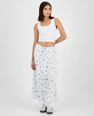 Celebrity Pink Juniors' Floral Tiered Lace-Trim Maxi Skirt