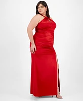 Emerald Sundae Plus Size Sateen Shirred Halter Gown, Created for Macy's