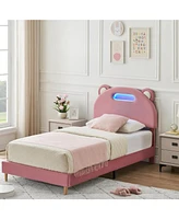gaomon Twin Bed Frames, Platform Bed Frame with Upholstered and Led Headboard, Twin Bed Frames for Kids, Twin Bed Frame with Wooden Slats Support, Noi