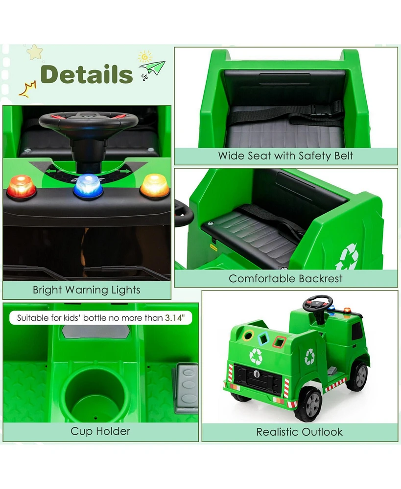 Hongge 12V Kids Ride-on Garbage Truck with Warning Lights and 6 Recycling Accessories