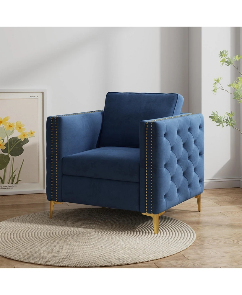 Streamdale Furniture Accent Chair for Living Room Upholstered Arm Chair with Metal Legs Navy Blue Velvet