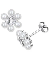 Macy's Cultured Freshwater Pearl (3-3-1/2mm) & Lab-Created White Sapphire (1/3 ct. t.w.) Flower Cluster Stud Earrings in Sterling Silver