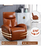 Yellow Brown Genuine Leather Swivel and Rocker Power Recliner Chair with Lumbar Support, Max Swivel Degree 270, Heavy Duty Motion Mechanism with Usb a