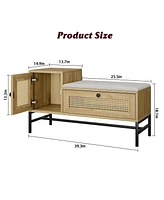 gaomon Rattan Shoe Bench with Linen Seat Cushion, Entryway Bench with Storage Cabinet, Wooden Storage Bench