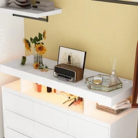 Homsee White Dresser with 9 Handleless Drawers & Led Light, Chest of Drawers with Charging Station
