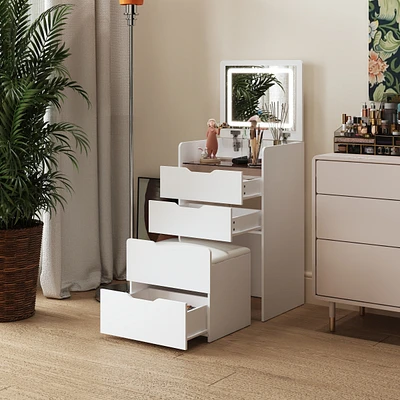 Famapy Vanity White Closet Drawer With Light Mirror And Stool